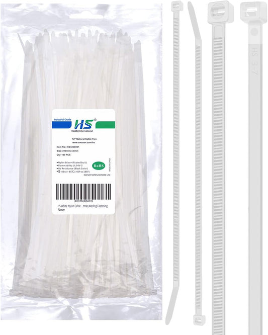 HS Long Zip Ties 12 Inch Clear 0.19" Nylon Cable Ties Heavy Duty 50 Lbs Strength Strong for Privacy Fence Outdoor,Electrical Plastic Tie Straps Weather Resistant 100 Pcs White-VerdiqueGarden