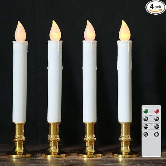 DRomance 9" Flameless Window Taper Candles Battery Operated with 8-Key Remote and Timer, 4 Pack White Christmas Holdiay Window Candles with Gold Holders, Suction Cups and AA Batteries Included-VerdiqueGarden