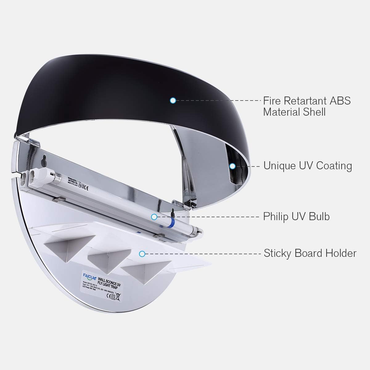 Faicuk WS108 Wall Sconce Fly Light Trap for Capturing Flies, Moths, Gnats, Mosquitos and Other Flying Insects - 13"x7.5"x5.5" (Black)-VerdiqueGarden