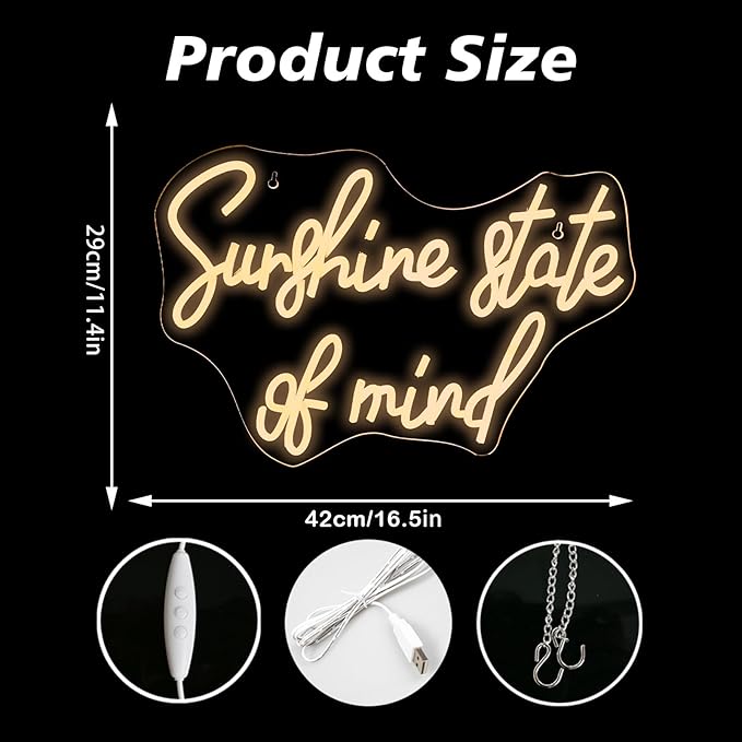 Sunshine State of Mind Neon Sign for Wall Decor,Neon Light Sign for Cafe Bar Kitchen Restaurant Coffee Dessert Shop Party-VerdiqueGarden