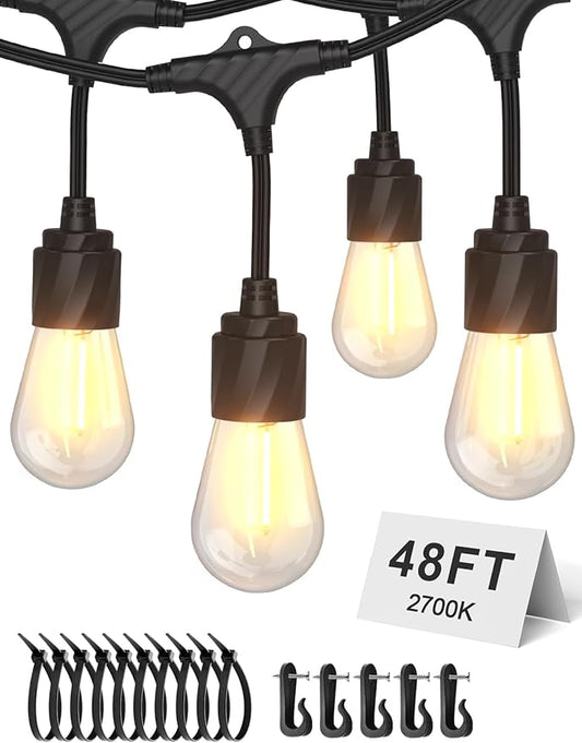 XMCOSY+ 48FT Outdoor String Lights Waterproof - LED Patio Hanging Lights for Outside Porch Backyard Gazebo Garden, Commercial Grade 16 Edison Bulbs-VerdiqueGarden