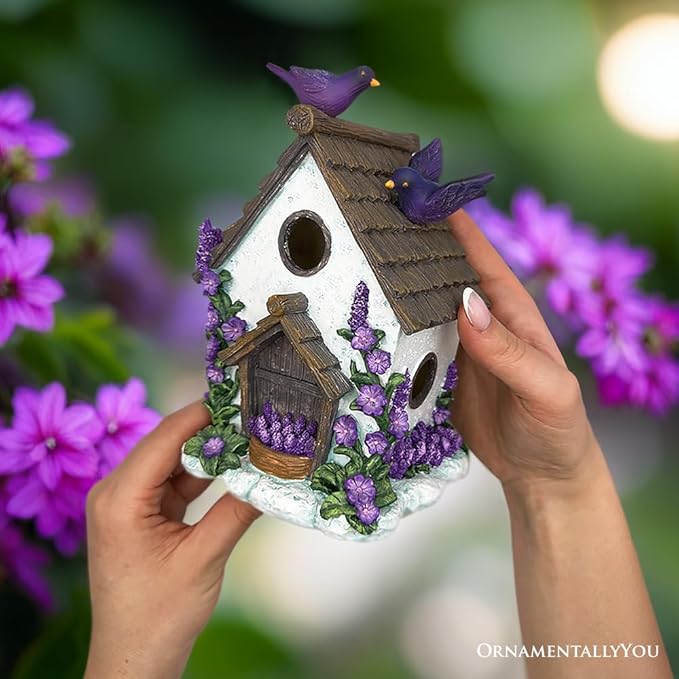 Spring & Summer-Themed Garden Statues – Adorable Outdoor Decor for Lawn, Patio & Porch (Lovely Floral Lavender Bird House Figurine, 7" Novelty Cottage Garden Decor)-VerdiqueGarden