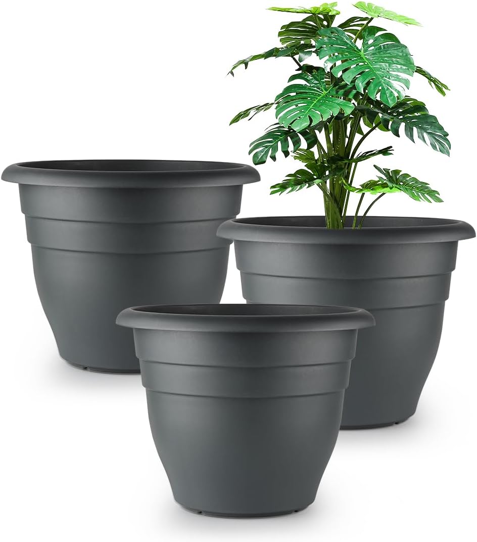 12 Inch Plant Pots, Large Planters for Outdoor Plants, Plastic Flower Pots - Durable and Lightweight with Drainage Holes (3 Packs, Gray)-VerdiqueGarden