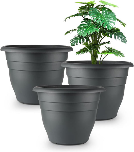 12 Inch Plant Pots, Large Planters for Outdoor Plants, Plastic Flower Pots - Durable and Lightweight with Drainage Holes (3 Packs, Gray)-VerdiqueGarden