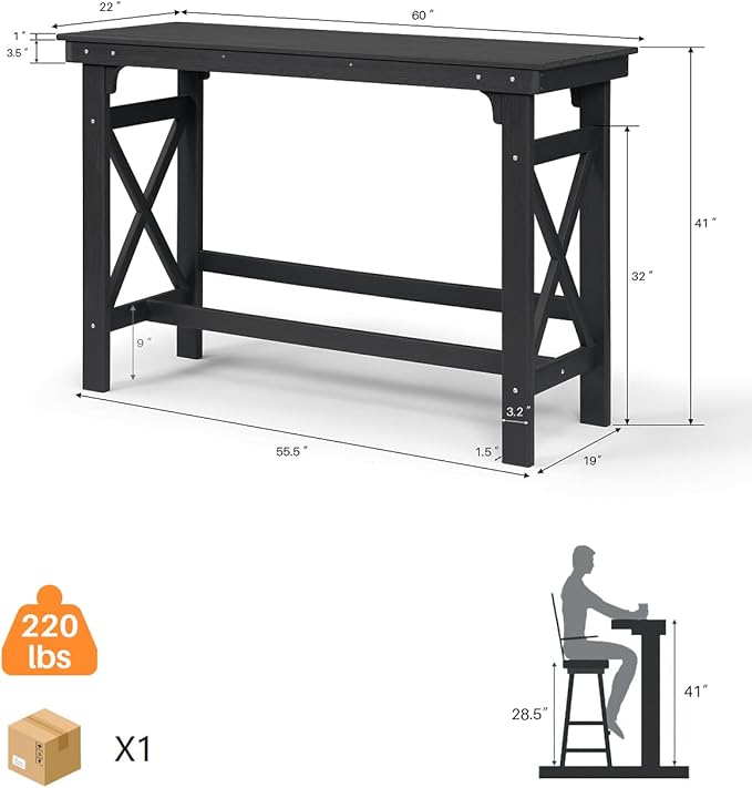HDPE Patio Bar Table, 41" Rectangle Outdoor Bar Tables Counter Height Table, Adirondack Outdoor Bar Height Table, HDPE Outside Pub Tables for Balcony, Deck, Backyard, Poolside, Obsidian-VerdiqueGarden