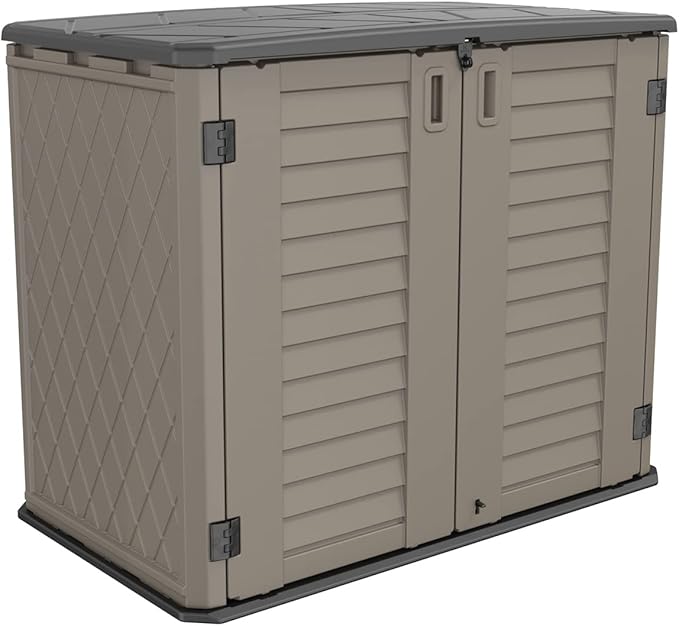 HOMSPARK Storage Shed Weather Resistance, Multi-Purpose Outdoor Storage Cabinet for Backyards and Patios, Horizontal Storage Shed for Lawnmower, Patio Accessories (Coffee, Large - 26 cu.ft)-VerdiqueGarden