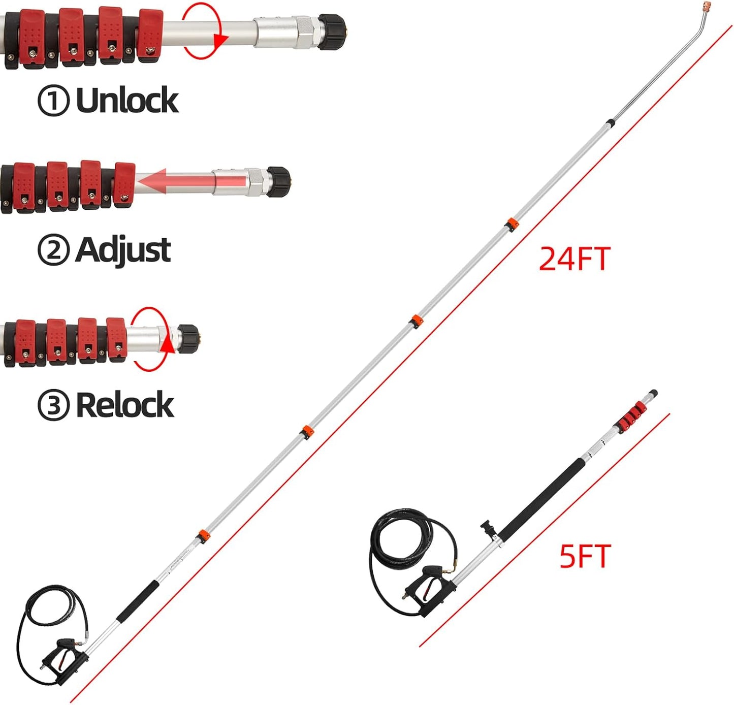 Tecoloy 24 FT Telescoping Pressure Washer Wand with Power Washer Extension Wand, Support Belt, Gutter Cleaner Attachment, 5 Spray Nozzle Tips and 2 Hose Inlet Adapters-VerdiqueGarden