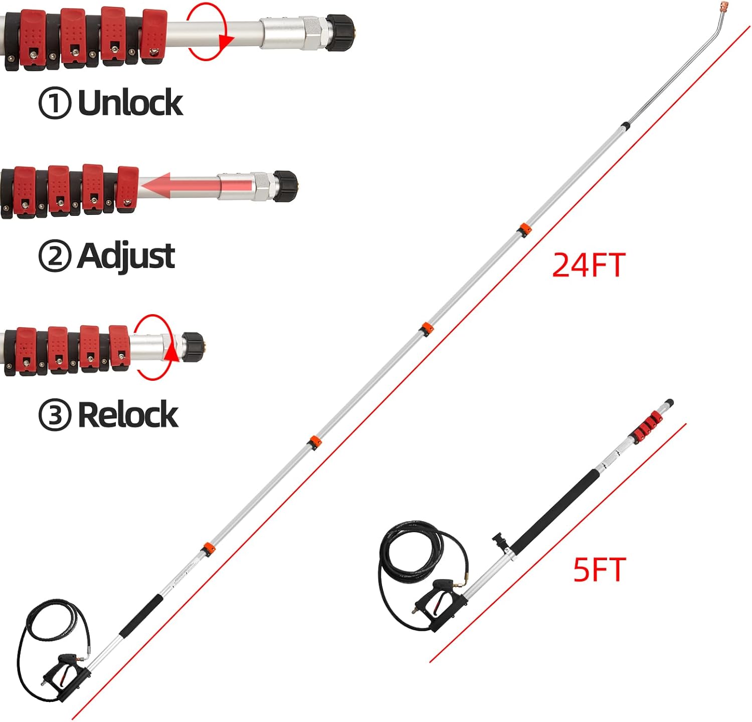 Tecoloy 24 FT Telescoping Pressure Washer Wand with Power Washer Extension Wand, Support Belt, Gutter Cleaner Attachment, 5 Spray Nozzle Tips and 2 Hose Inlet Adapters-VerdiqueGarden