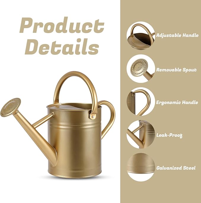 1 Gallon Watering Can for Plants, Watering Cans for Indoor&Outdoor Gardening, Galvanized Steel Watering Pot with Removable Spout, Metal Water Can with Ergonomic Movable Handle(Gold)-VerdiqueGarden