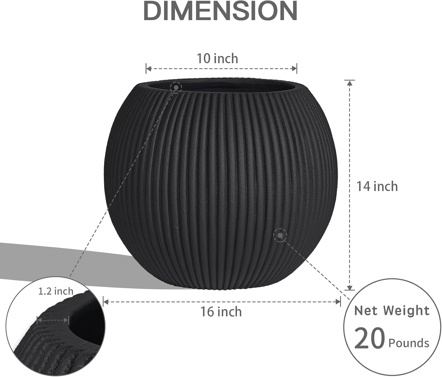 16 Inch Handmade Concrete Outdoor Planter - Classic Striped Design | Fiberglass & Composite Material | Durable for Commercial & Home Decor-VerdiqueGarden