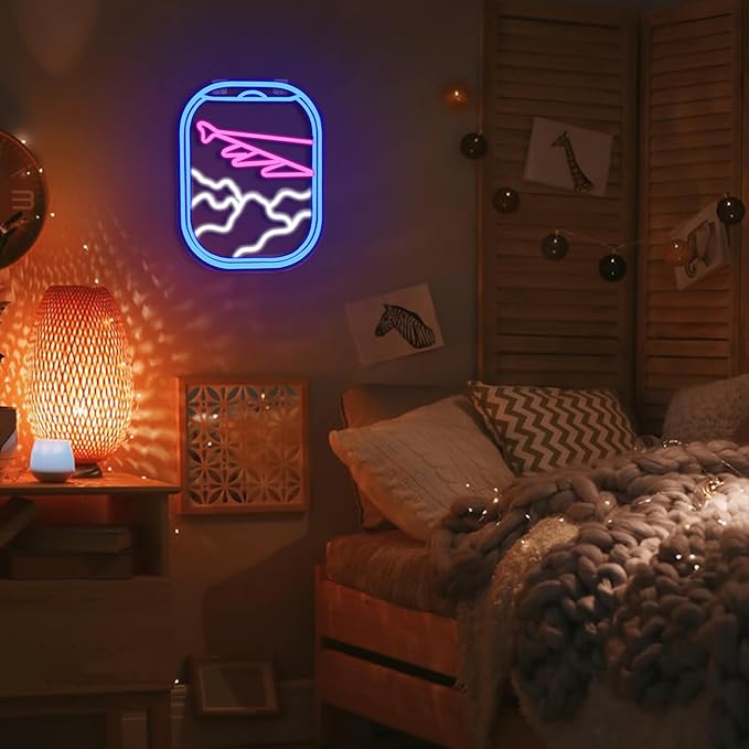 WLHOPE Airplane Window View Neon Signs Blue Pink LED Neon Sign for Wall Decor, USB Plane Window Clouds Neon Light Up Signs for Bedroom Living Room Game Room Office Shop Airport Wall Art Decor-VerdiqueGarden