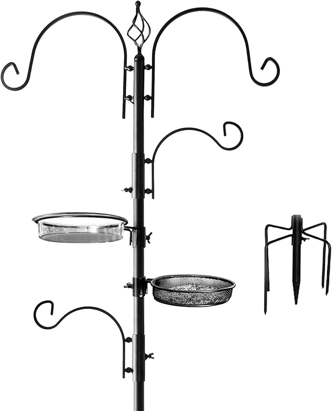 Ashman Deluxe Bird Feeding Station (1 Pack) Bird Feeders for Outside - Multi Feeder Pole Stand Kit with 4 Hangers, Bird Bath and 3 Prong Base for Attracting Wild Birds - 22 Inch Wide x 92 Inch Tall.-VerdiqueGarden