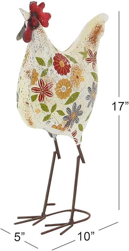 Deco 79 Metal Rooster Decorative Garden Sculpture Indoor Outdoor Distressed Standing Garden Statue with U Shaped Feet, Outdoor Sculpture 10" x 5" x 17", Cream-VerdiqueGarden