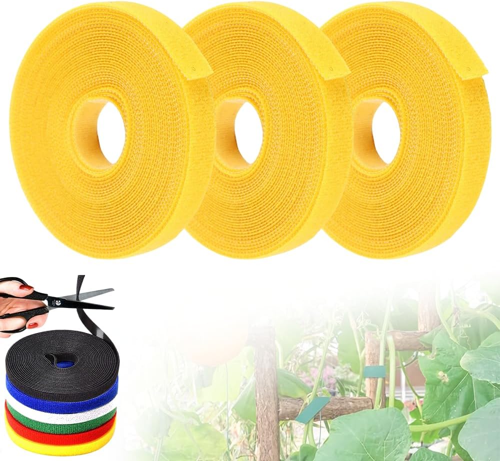 Reusable Plant Ties Tape for Climbing Plants, Garden Ties Tomato Plant Supports, Adjustable Garden Twine & Twist Ties Plant Ties for Outdoor Indoor Plants Stakes Gardening Supplies (Yellow, 3 Rolls)-VerdiqueGarden