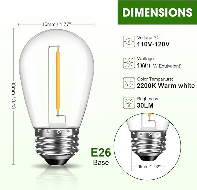 LED S14 Replacement Light Bulbs for Outdoor String Lights, 1W Shatterproof Edison Light Bulbs for Outside Patio Garden, E26 Standard Base, Dimmable, 2200K Warm White, 15 Pack-VerdiqueGarden