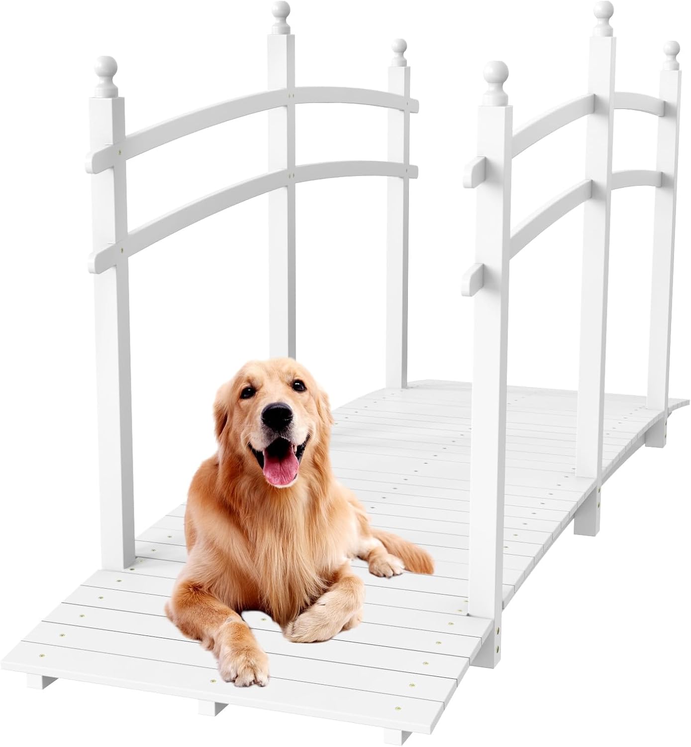 VINGLI Garden Bridge, Classic Wooden Arch with Safety Rails Footbridge (White, 7.5 ft)-VerdiqueGarden