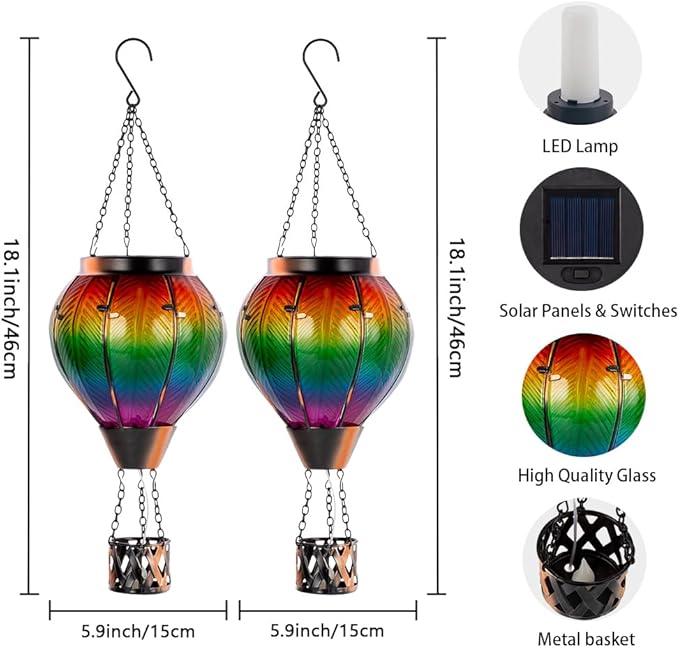 Starsoul 2PCS Hot Air Balloon Solar Lantern Colorful Solar Hot Air Balloon Lantern with Flame Light Waterproof Hanging Outdoor Lantern with Candle Holder for Patio Garden Yard Farmhouse Decor-VerdiqueGarden