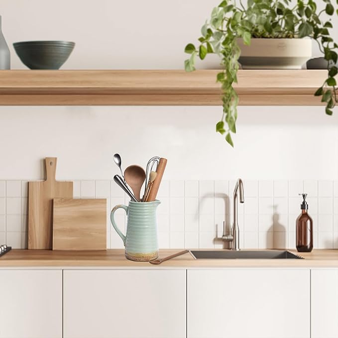 Quoowiit Ceramic Rustic Vase with Handle, Green Distressed Decorative Farmhouse Pitcher Vase for Home Decor Living Room Bedroom Kitchen Office Shelf Decor Centerpiece Table Decoration-VerdiqueGarden