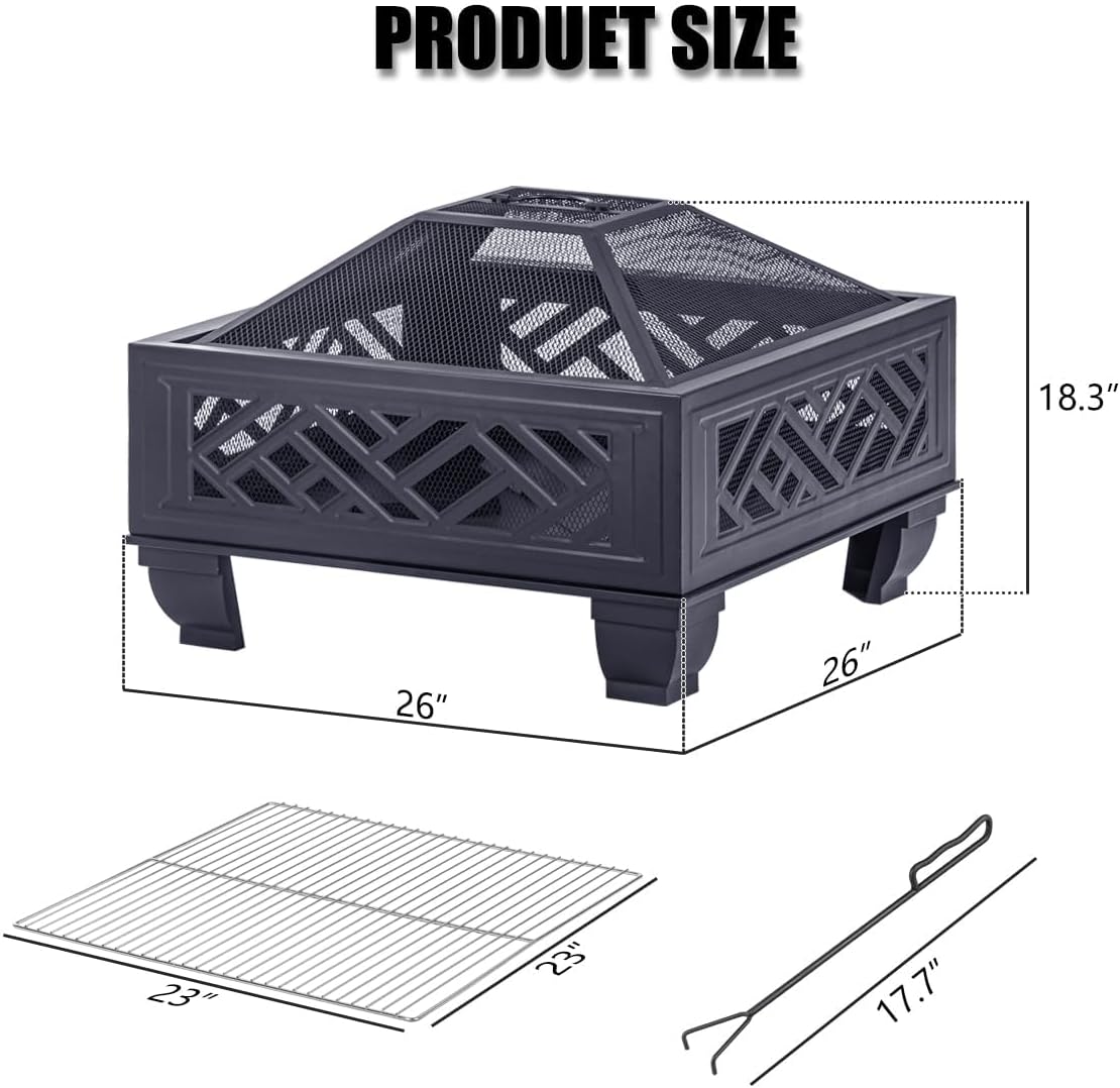 Breezz Update Version 26 Inch Wood Burning Fire Pit with Cooking Grill and Spark Screen, Outdoor Metal Firepit for Patio, Backyard, Bonfire Party, Camping and Garden-VerdiqueGarden
