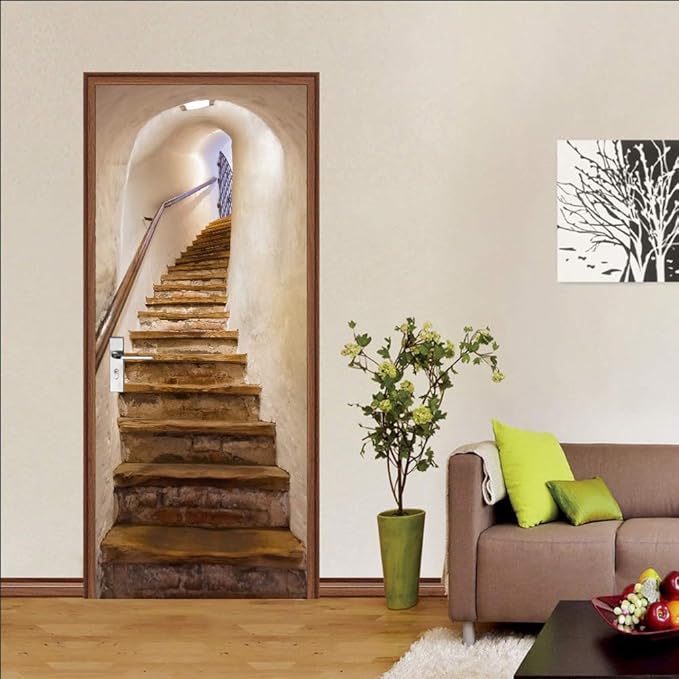 3D Door Stickers Murals - Peel and Stick - Stairs - Door Wallpaper - Self-Adhesive - Removable - PVC - Waterproof - Brown - Modern - 33.9" x 78.7"-VerdiqueGarden