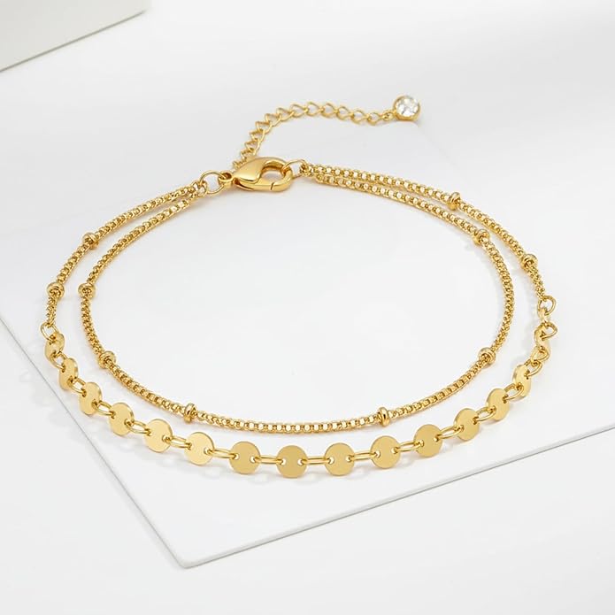 Solza 2 Layer Gold Plated Bracelet – Stainless Steel Adjustable Layered Chain with 3mm Beads, 18K Gold Plated Non Tarnish Jewelry for Women, Elegant Beaded Bracelet Stack for Everyday Wear