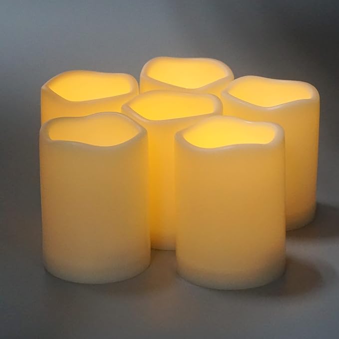 Waterproof Outdoor Battery Operated Flameless Pillar Candles with Timer White Plastic Realistic Flickering Fake Electric LED Lights for Lantern Garden Wedding Christmas Decorations 3”x4” 6 Pack-VerdiqueGarden