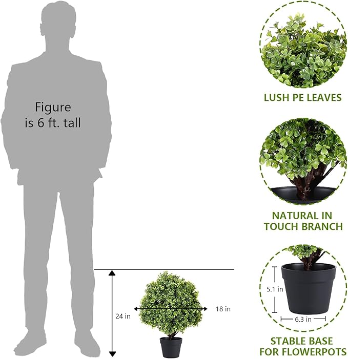 THE BLOOM TIMES 2ft Faux Boxwood Plants Outdoor Set of 2, Topiary Balls Artificial Outside Trees, 24" UV Resistant Fake Greenery Bushes & Shrubs for Front Porch Planter-VerdiqueGarden