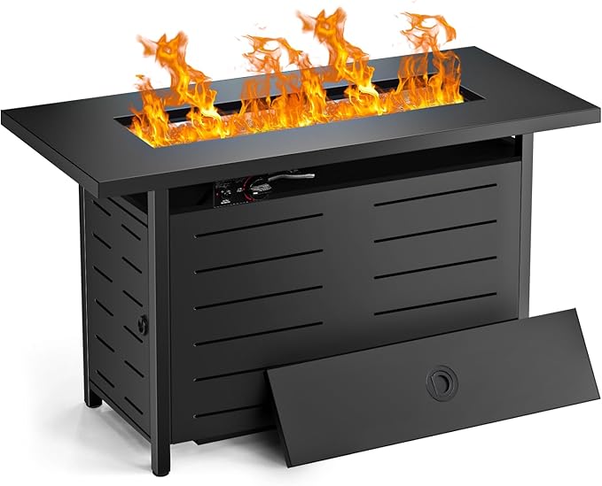 Hykolity 42 Inch Gas Fire Pit Table, 60,000 BTU Propane Pits for Outside with Steel Lid and Waterproof Cover, 2 in 1 Firepit Table Gatherings Parties on Patio Deck Garden Backyard, Black-VerdiqueGarden