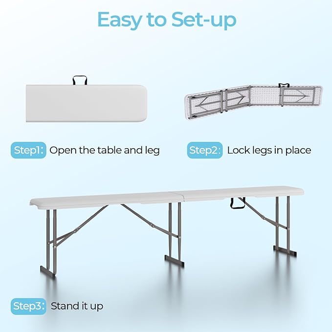 6ft HDPE Folding Bench, Foldable Seat with Sturdy Frame and Security Lock for Indoor and Outdoor, Multipurpose Entertaining Activities, Portable and Easy to Store, 2 Pack, White-VerdiqueGarden