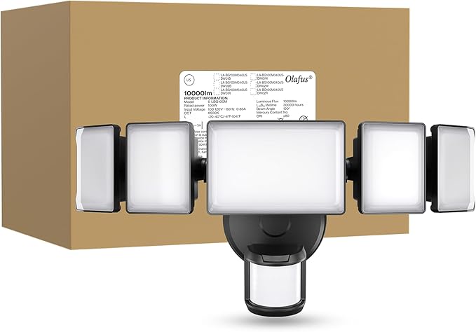 Olafus 100W Motion Sensor Outdoor Lights, 10000LM 6500K Daylight Flood Lights Outdoor Motion Sensor, Dusk to Dawn Outdoor Lighting, IP65 Waterproof Motion Detector Lights for Outside, Black-VerdiqueGarden