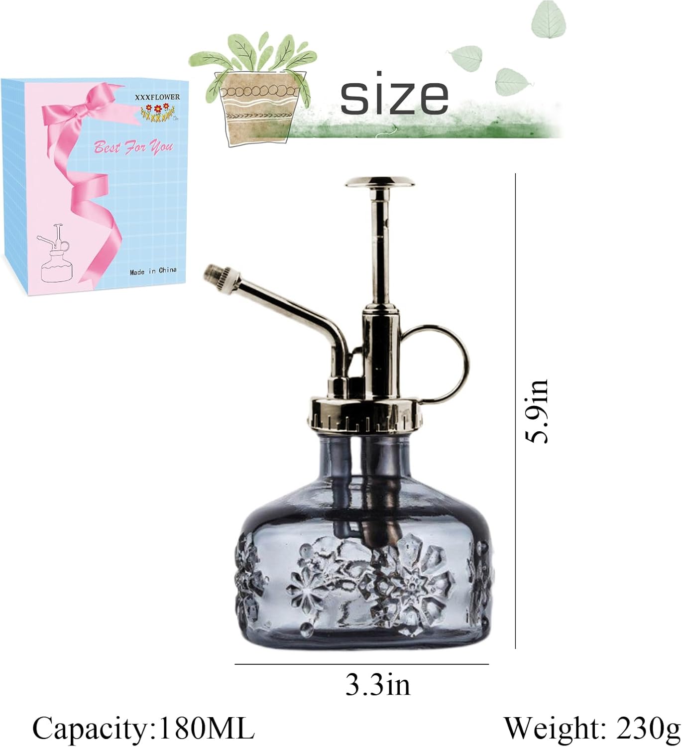 XXXFLOWER Glass Plant Mister Spray Indoor Plant Spritzer Succulent Watering Bottle with Bronze Pump 6 Inches for Home Decor Vintage (Grey)-VerdiqueGarden