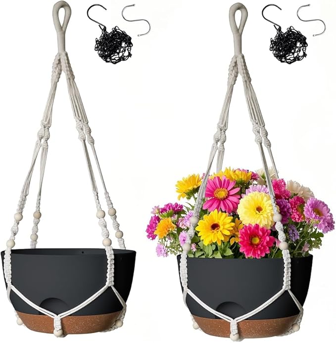 12 Inch Hanging Baskets for Plants Outdoor, Hanging Planters for Indoor Outdoor Plants, Hanging Planter with Self Watering, Hanging Flower Pots (Black Planter with Macrame + Iron Hangers)-VerdiqueGarden