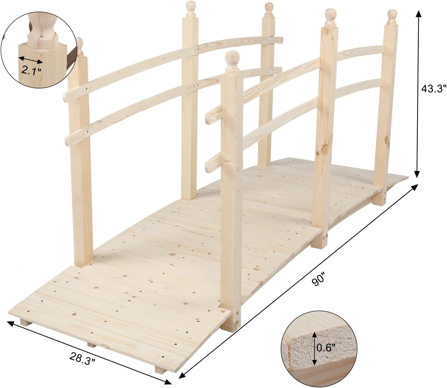 VINGLI 7.5 ft Garden Bridge, Arch Walkway Wooden Bridge with Safety Rails Natural Finished, Decorative Landscaping Footbridge for Koi Pond, Dry Creek Bed, Garden Pathway or Japanese Zen Decor-VerdiqueGarden