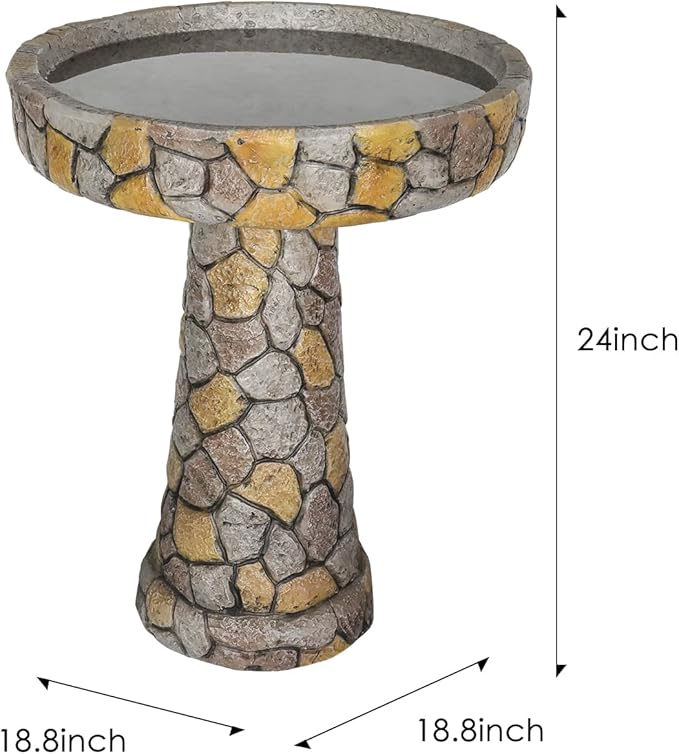 SKYFIRE Stone Like Outdoor Bird Bath - Concrete Freestanding Patio Birdbath with Pedestal for Garden, Patio, Yard, Lawn - 18.8”L X 18.8”W X 24”H Rustic Faux Stone Pedestal Outdoor Garden Birdbaths-VerdiqueGarden