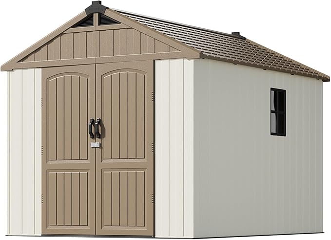 Patiowell 8 x 10 FT Resin Outdoor Storage Shed with Floor, Plastic Shed with Window and Lockable Door for Garden, Backyard, Tool Storage Use, Easy to Install in Brown (Kick-it Shed)-VerdiqueGarden
