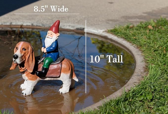 Funny Guy Mugs Gnome Riding A Basset Hound - Funny Garden Gnomes Gifts for Women - Garden Gnomes for Outdoors - Gifts for Dog Lovers - Indoor/Outdoor Garden Gnome Sculpture for Patio, Yard or Lawn-VerdiqueGarden