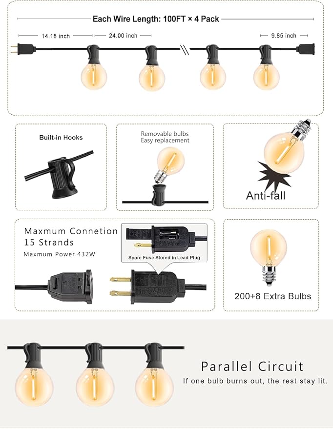 DAMAING Outdoor String Lights 400FT Patio Lights with 208 shatterproof G40 dimmable Globe LED Bulb, Waterproof connectable Outdoor Lighting for Backyard Porch Balcony gazobo, 4-Pack 100FT,Black-VerdiqueGarden