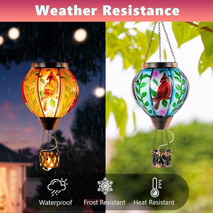 Starsoul Cardinal Hot Air Balloon Solar Flickering Flame with Candle Holder Outdoor Solar Lantern Hot Air Balloon Solar Light Waterproof Hanging Solar Balloon Lamp Garden Patio Yard Decor-VerdiqueGarden