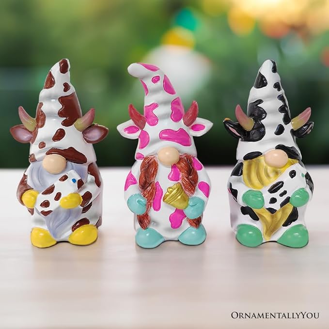 Spring & Summer-Themed Garden Statues – Adorable Outdoor Decor for Lawn, Patio & Porch (Cow Gnome Trio Mini Statue Set of Three, 5" Miniature Figurine and Unique Farm Resin Garden Statue)-VerdiqueGarden