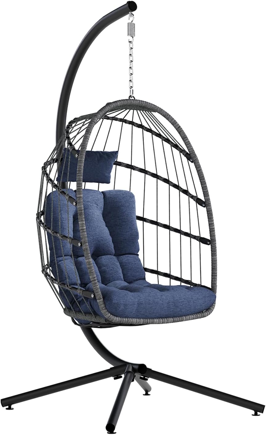 SWITTE Egg Chair Outdoor with Stand, Indoor Wicker Hanging Egg Swing Chair with Cushion, 350lbs Capacity for Patio, Bedroom, Garden - Dark Blue-VerdiqueGarden