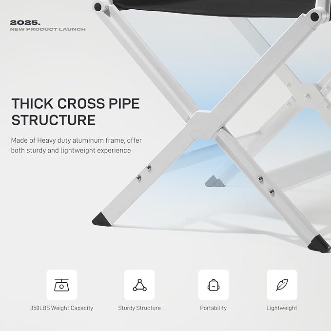 EVER ADVANCED Aluminum Directors Chair, Folding Studio Movie Chairs Camping Event Vendor Chair, 19" Seat Height Black Fabric/White Frame, Support 350lbs-VerdiqueGarden