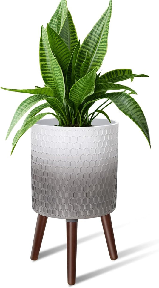 10 Inches Plant Pot with Stand, Large Modern Standing Planters with Drainage Holes for Indoor Plants, White&Gray Flower Pots with Legs-VerdiqueGarden