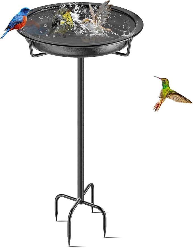 Metal Bird Bath for Outside Garden Birdbath Bowl, 36.2" Height Freestanding Bird Feeders for Outdoors with 4 Prongs Base Stake, Standing Birdfeeders for Yard Lawn Decor (Black)-VerdiqueGarden