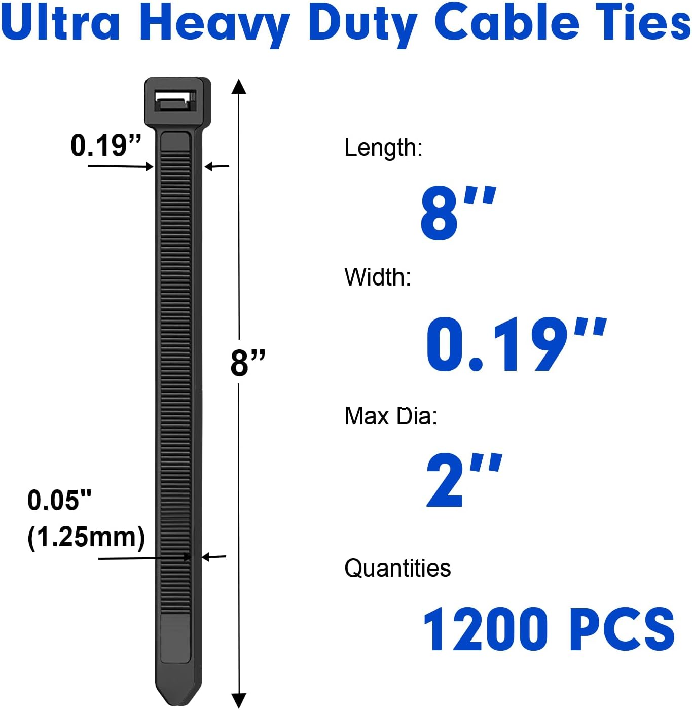 Zip Ties, RAZCC 1200pcs Black Cable Zip Ties 8 Inch, Heavy Duty Plastic Wire Ties with 50lb Tensile Strength, Self-Locking Black Nylon Tie Wraps for Indoor and Outdoor-VerdiqueGarden