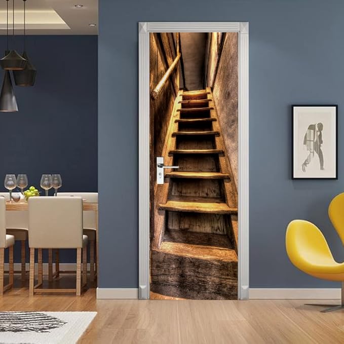3D Door Stickers Murals Peel and Stick - Wooden Stairs - Door Wallpaper Self-Adhesive Door Decals Removable PVC Waterproof Door Poster for Bedroom Living Room Door 35.4" x 78.7"-VerdiqueGarden