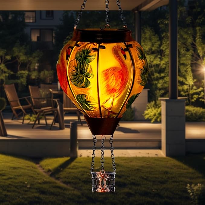 Starsoul 2 PC Flamingo Hot Air Balloon Solar Lantern with Flame Glass Outdoor Hanging Hot Air Balloon Solar Light Waterproof Garden Patio Yard Party Decorations-VerdiqueGarden