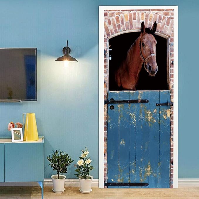 Horse 3D Door Stickers Murals - Peel & Stick - Waterproof & Washable - Matt Finish - Rustic Style - Blue Horse Print - 30.3" x 78.7" (2 Parts) - Door & Wall-VerdiqueGarden