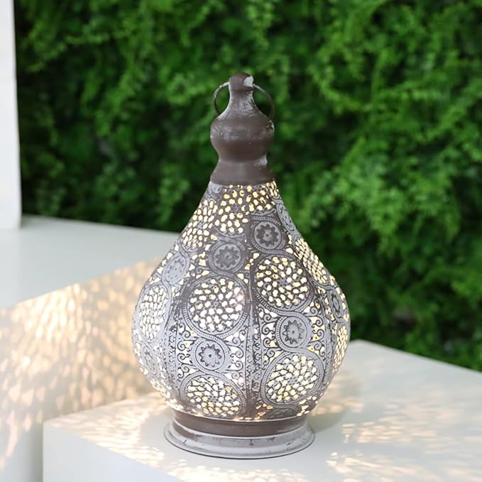 JHY DESIGN Moroccan Style Vintage Lantern Metal Table Lamp Battery Powered 11.5" Tall Cordless Lamp Desk Lamp with Edison Bulb for Living Room Bedroom Weddings Parties Garden Lounge Outdoor Indoor-VerdiqueGarden