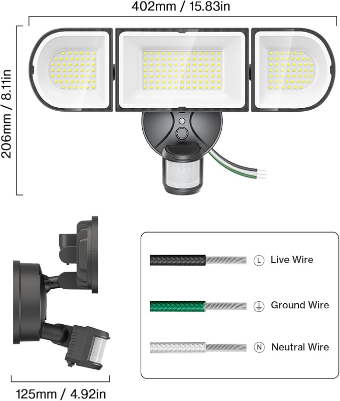Olafus 180W Motion Sensor Outdoor Lights, 18000lm Dusk to Dawn LED Flood Lights Outdoor Wired, 6500K Daylight Motion Lights for Outside, IP65 Waterproof Exterior Security Light, Black-VerdiqueGarden