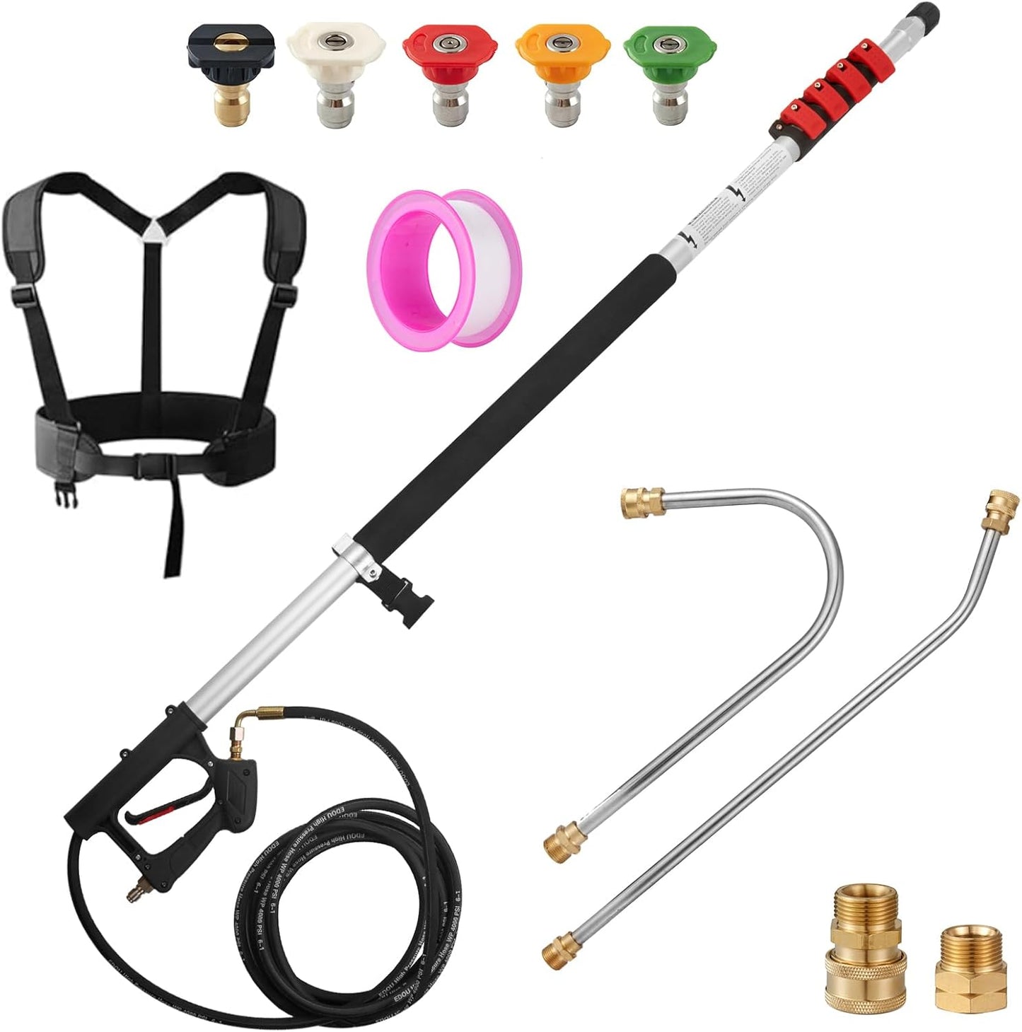 Tecoloy 24 FT Telescoping Pressure Washer Wand with Power Washer Extension Wand, Support Belt, Gutter Cleaner Attachment, 5 Spray Nozzle Tips and 2 Hose Inlet Adapters-VerdiqueGarden